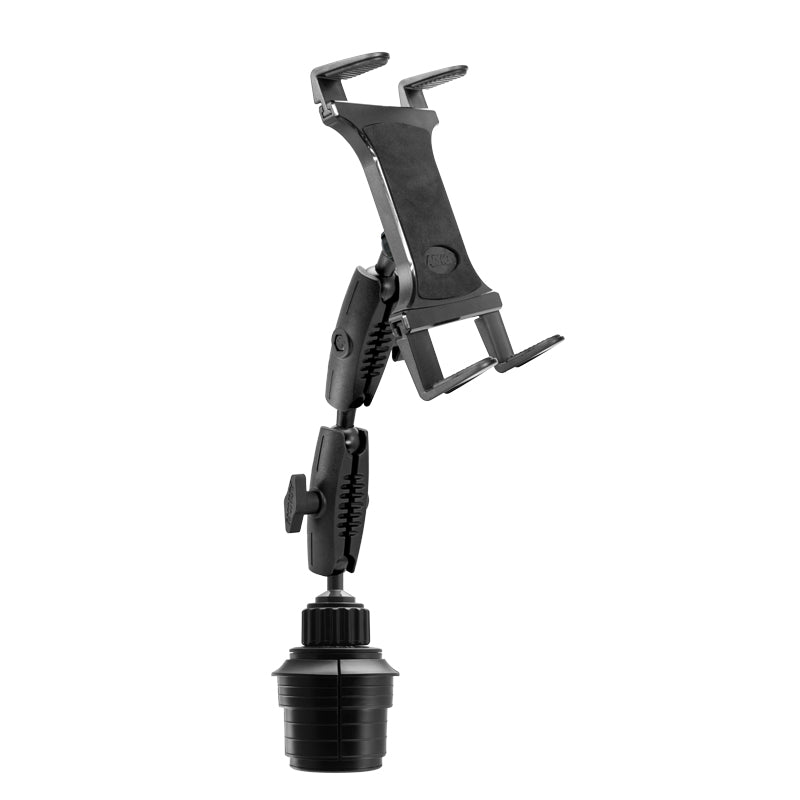 The Robust® Dual Shaft Cup Holder Mount with Slim-Grip® Tablet Holder - 25mm by Arkon Mounts is a black, adjustable car tablet mount featuring a long dual shaft arm, two clamps for securely holding your device, and a base designed to fit perfectly in your vehicle’s cup holder. This versatile tablet holder ensures stability and hands-free convenience while you drive.