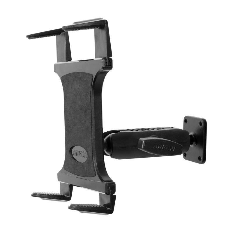 The Slim-Grip® Tablet Holder with Metal Drill Base Mount is a black, adjustable tablet holder with a swiveling arm, clamp design, and secure AMPS plate for stable device support.