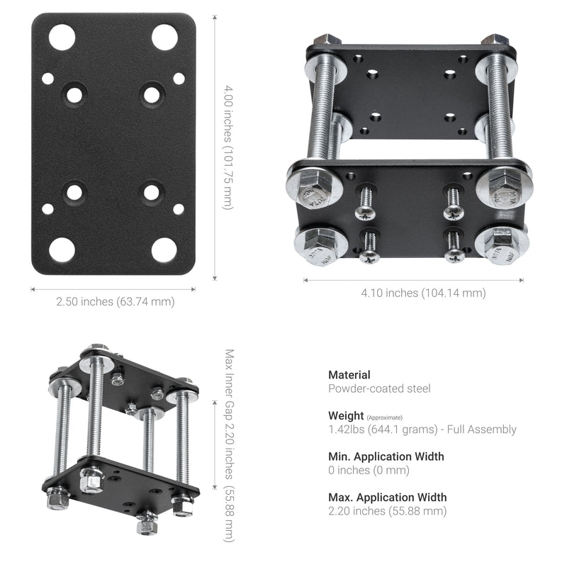 Four views of the Slim-Grip® Tablet Holder with Forklift Front Guard Mount and 3.75 Shaft, featuring a 4.00×2.50 black powder-coated steel plate, max inner gap 2.40, weighing 1.42 lbs, bolts/nuts included for varied application widths.