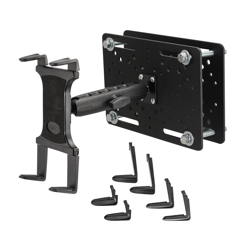 The Slim-Grip® Tablet Holder with Forklift Overhead Guard Mount and 6 Metal Shaft is a black, metal wall-mount bracket with an extendable arm, six interchangeable mounting clips, and multiple mounting holes for rugged tablet use.