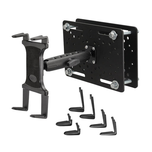 The Slim-Grip® Tablet Holder with Forklift Overhead Guard Mount and 6 Metal Shaft is a black, metal wall-mount bracket with an extendable arm, six interchangeable mounting clips, and multiple mounting holes for rugged tablet use.