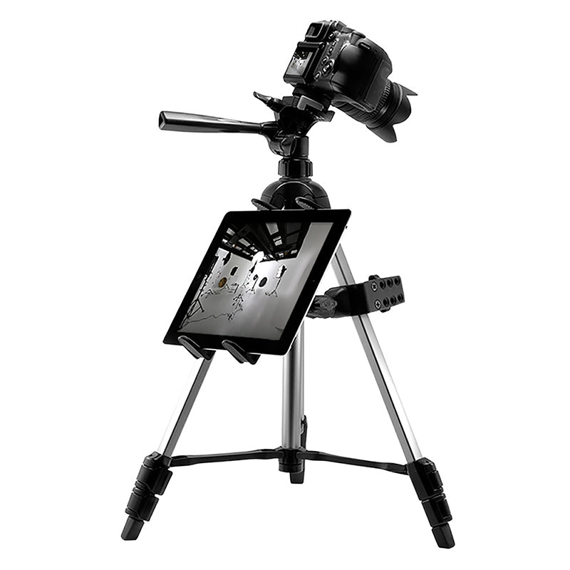 A tripod holds a DSLR camera on top and a tablet in the middle using the Slim-Grip® Tablet Holder with Heavy-Duty Clamp Mount, displaying a studio scene—an ideal setup for photography or videography.