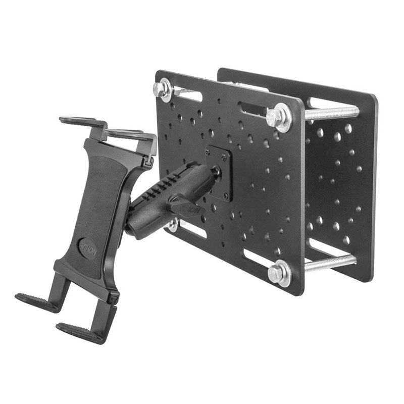 The Slim-Grip® Tablet Holder with Overhead Forklift Guard Mount and 3.75 Shaft mounts securely to a perforated metal plate using four bolts, with spring-loaded clamps offering a firm, adjustable grip on your tablet for flexible positioning.