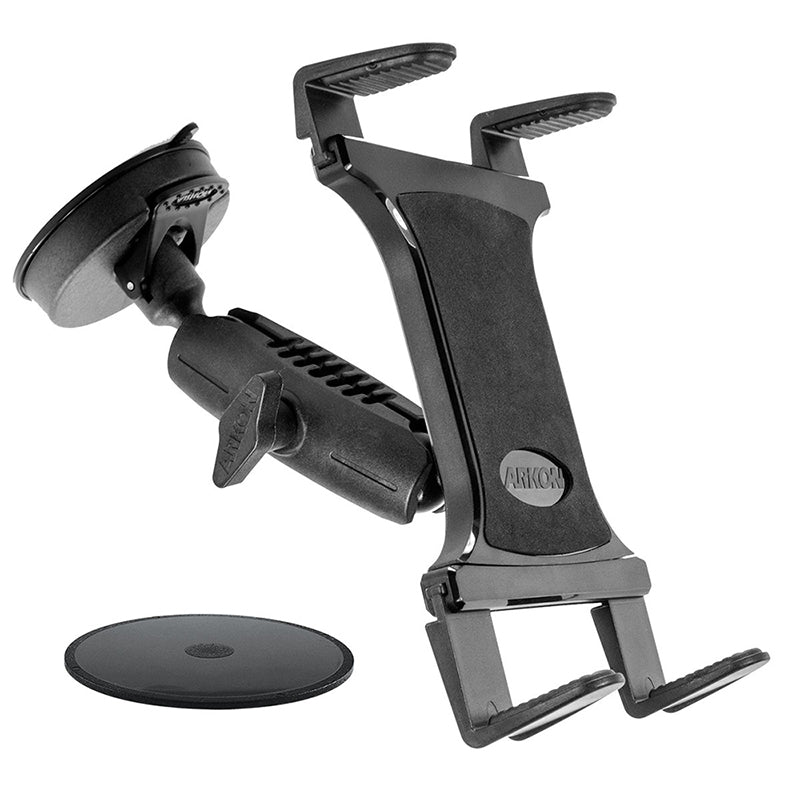 The Slim-Grip® Tablet Holder with Suction Cup Windshield Mount is a black, adjustable cradle for tablets or smartphones, ideal for securing devices on your cars windshield. Shown on a white background.