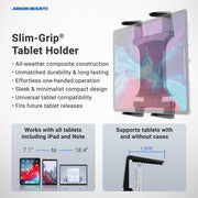 Promotional image for the Slim-Grip® Tablet Holder with Windshield Suction Mount and Extension Arm, showing secure hold for 7.1”–18.4” tablets, with or without cases, using its extendable arm.