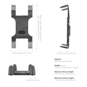 The Slim-Grip® Tripod Tablet Mount with 3.75 Shaft, made from black reinforced composite, features adjustable arms and fits devices 5.875–11.625 inches high. Top, side, and front views are shown alongside details on size, material, and weight.