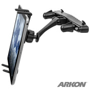 The Slim-Grip® Ultra Car Headrest Mount for iPad, Note, and more features a black adjustable clamp for rear seat entertainment. Shown in side view with the ARKON logo at the bottom right.