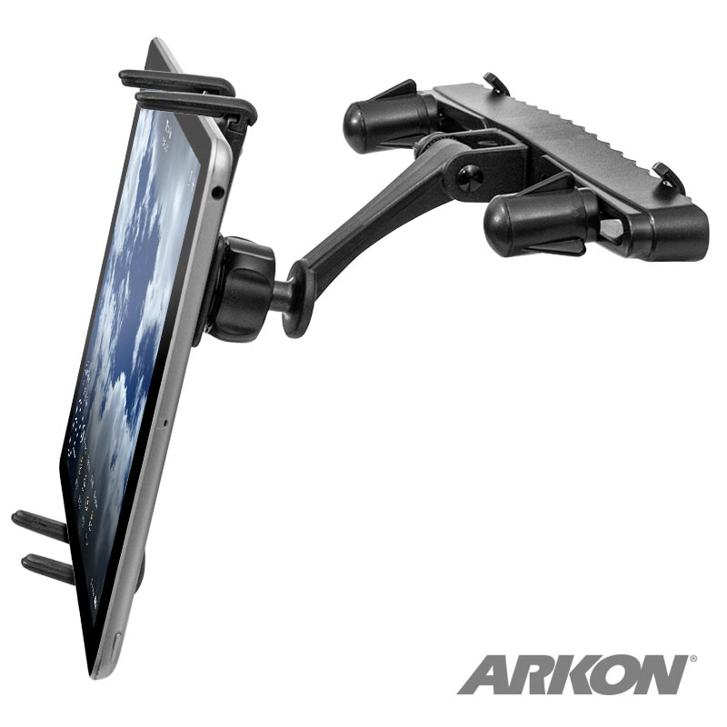 The Slim-Grip® Ultra Car Headrest Mount for iPad, Note, and more features a black adjustable clamp for rear seat entertainment. Shown in side view with the ARKON logo at the bottom right.