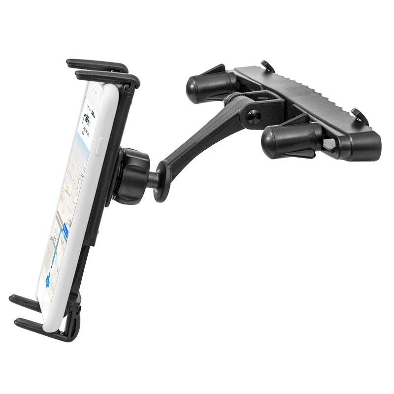 The Slim-Grip® Ultra Car Headrest Mount securely holds iPad, Note, and more in landscape mode with an adjustable arm, attaching to a car’s headrest—ideal for rear seat entertainment or as a convenient tablet holder.