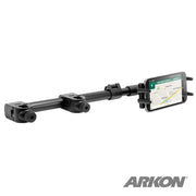 The Slim-Grip® Ultra Headrest Car Mount securely holds devices like iPhone, Galaxy, Note, and iPad with adjustable clamps on both ends; ideal for rear seat entertainment. The Arkon logo is visible in the bottom right corner.