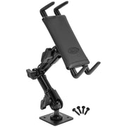 The Slim-Grip® Ultra Heavy-Duty Multi-Angle Midsize Tablet Drilled-Base or Wall Mount features a black adjustable holder with articulated arm, four screws, and an AMPS drill base for stable support of tablets, phones, or GPS units on any wall or surface.