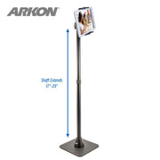 The Slim-Grip® Ultra iPad mini Desk Stand Tablet Holder features a square base and holds your tablet at the top. The shaft extends from 17 to 29 inches, as shown by a blue arrow. Perfect for live streaming, with the ARKON logo displayed in the top left corner.