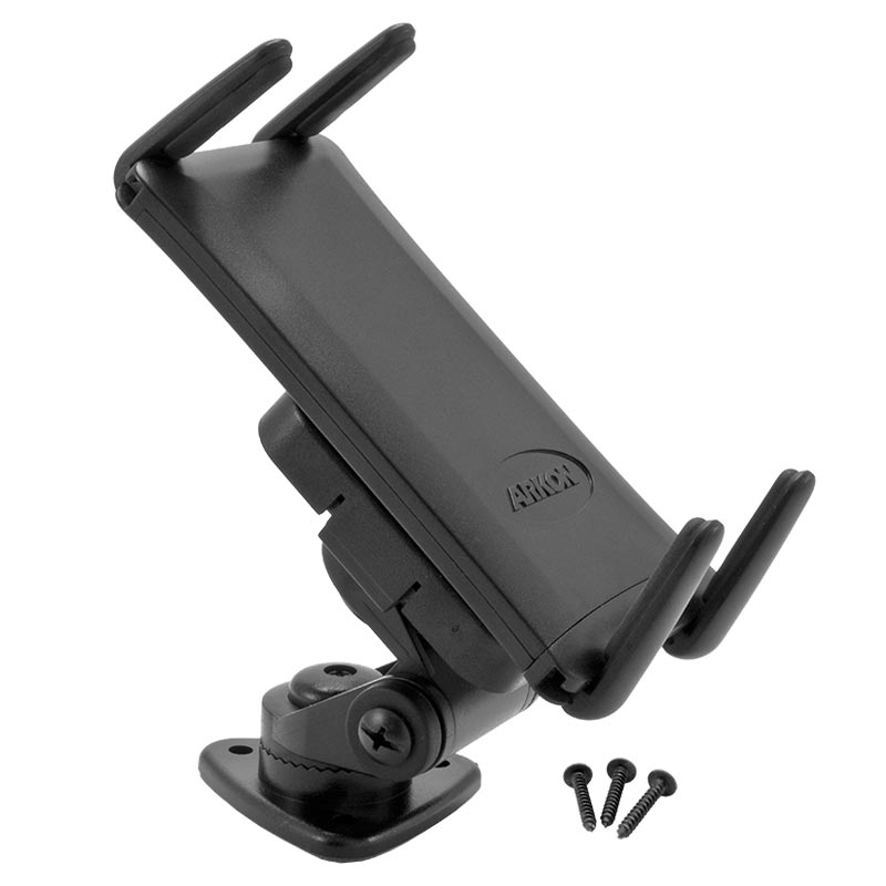 The Slim-Grip® Ultra Multi-Angle Adhesive Phone Car Mount is a black, adjustable holder with a sturdy base and three screws, ideal for holding phones or tablets for GPS in your car. Displayed against a white background.