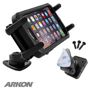 The Slim-Grip® Ultra Multi-Angle Adhesive Phone Car Mount in black holds a smartphone with adjustable arms and includes three screws, an adhesive dash mount pad, plus a base for wall or dashboard mounting.