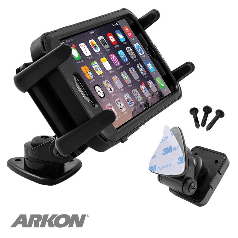The Slim-Grip® Ultra Multi-Angle Adhesive Phone Car Mount in black holds a smartphone with adjustable arms and includes three screws, an adhesive dash mount pad, plus a base for wall or dashboard mounting.