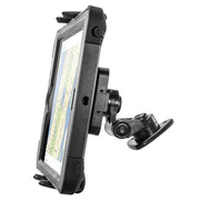 A black tablet in a rugged case is mounted on the Slim-Grip® Ultra Multi-Angle Adhesive Phone Car Mount, displaying a map on its screen. The setup is shown from the side against a white background.