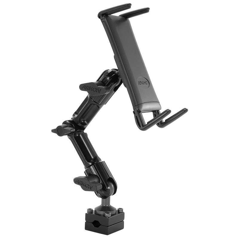 The Slim-Grip® Ultra Phone and Midsize Tablet Holder with Multi-Angle Headrest Mount securely holds your device with adjustable joints and clamps, attaching to a square base for stable rear seat entertainment in the car.