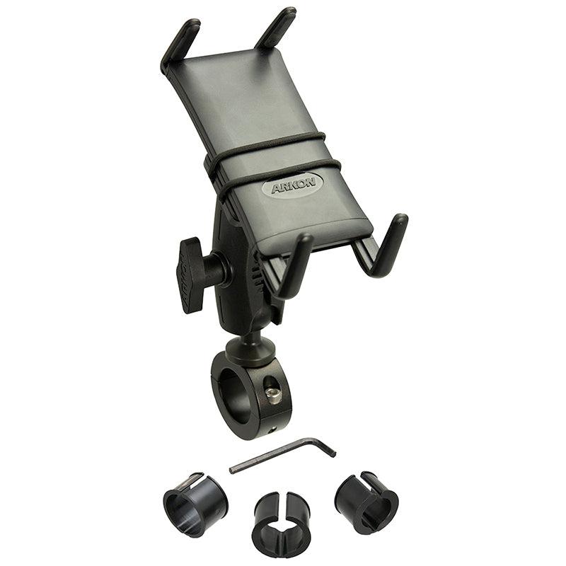 The Slim-Grip® Ultra Phone Holder with Motorcycle Handlebar Mount and 2.75 shaft is shown in black with a clamp for handlebars, mounting hardware, two size adapters, and an Allen wrench on a white background.