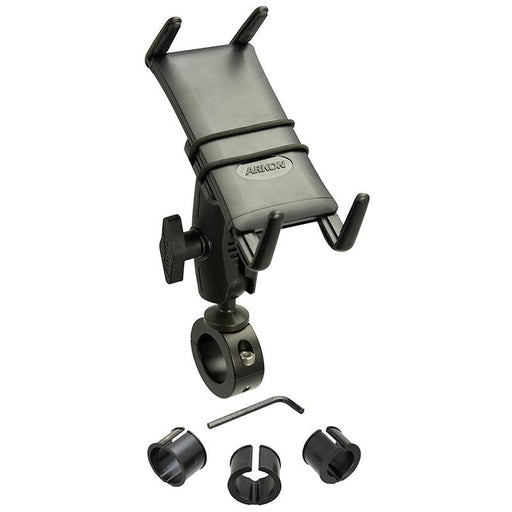 The Slim-Grip® Ultra Phone Holder with Motorcycle Handlebar Mount and 2.75 shaft is shown in black with a clamp for handlebars, mounting hardware, two size adapters, and an Allen wrench on a white background.