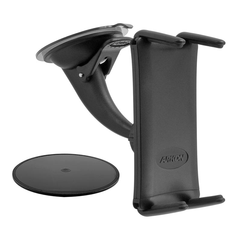 The Slim-Grip® Ultra Phone Holder with Windshield Suction Mount is a black car mount featuring an adjustable cradle and suction base, shown with a circular adhesive disk, for securing devices to your dashboard or windshield.