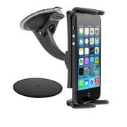 The Slim-Grip® Ultra Phone Holder with Windshield Suction Mount secures a phone showing app icons. A round adhesive pad is seen beside the black car mount.