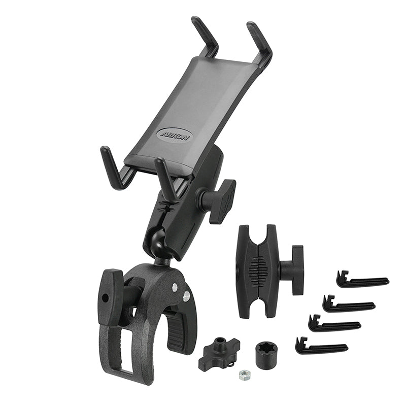 The Slim-Grip® Ultra Phone or Midsize Tablet Clamp Mount with Security Knob in black features a locking clamp, rotating arm, mounting hardware, and four interchangeable cradles shown separately on a white background.