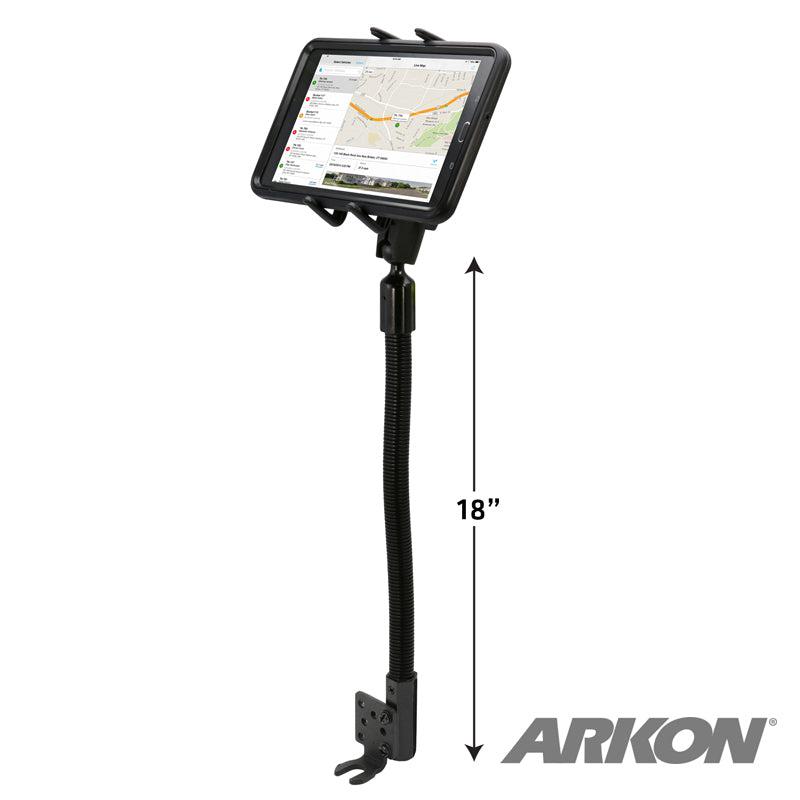 A Slim-Grip® Ultra Phone or Midsize Tablet Seat Rail Mount holds a tablet on an 18-inch flexible gooseneck, displaying a map. The ARKON logo appears in the bottom right corner.