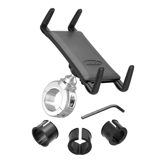 The Slim-Grip® Ultra Premium Aluminum Motorcycle Handlebar Phone and Midsize Tablet Mount includes a black universal holder with adjustable clamps, a silver aluminum handlebar mount, three black spacers, and a hex key tool on a white background.