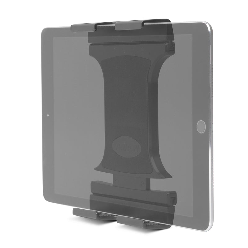 The Slim-Grip® Ultra Pro Universal Tablet Holder w/ Dual-T mounting pattern securely grips tablets vertically, displaying screen edges and the home button, offering stable, convenient support for any device.