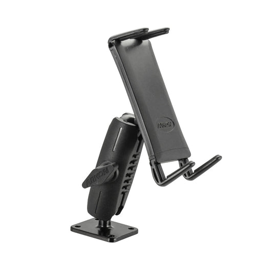 The Slim-Grip® Ultra Robust Tablet or Phone Mount with Metal AMPS Base is a black adjustable holder with an angled arm and spring-loaded grip for secure mounting on flat surfaces.