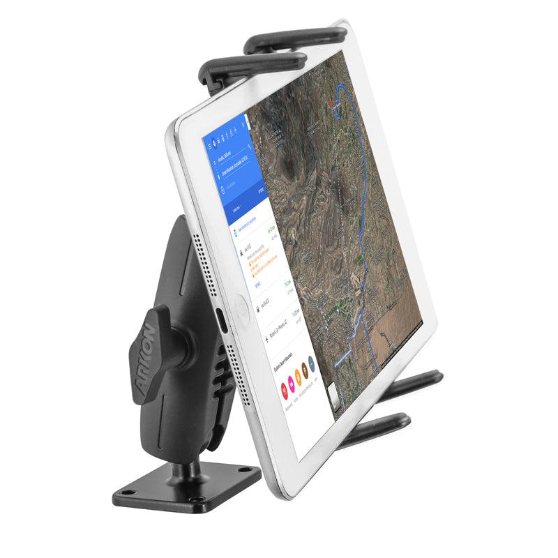 A white tablet displaying a map is mounted on the Slim-Grip® Ultra Robust Tablet or Phone Mount with Metal AMPS Base, a black adjustable holder designed for stable use on flat surfaces.