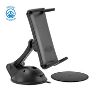 The Slim-Grip® Ultra Sticky Suction Windshield or Dash Phone Car Mount for iPad, Note, and more is shown in black with an adjustable arm, suction cup base, and round mounting pad. Sticky Suction logo highlights its versatile car or windshield phone holding ability.