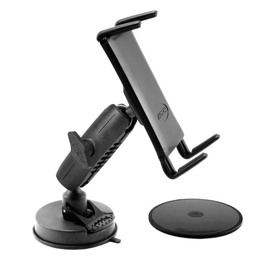 The Slim-Grip® Ultra Windshield Mount secures your iPhone, Galaxy, Note, or iPad with an adjustable cradle and suction cup. Shown with a round adhesive pad, its ideal for hands-free convenience in your car.
