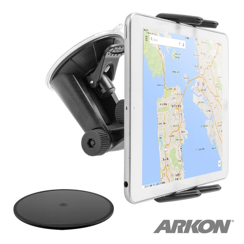 A tablet is mounted on the Slim-Grip® Ultra Windshield or Dash Car Mount with a black suction cup and 360° rotation, displaying a map. An adhesive disk is nearby, and the ARKON logo appears in the bottom right corner.