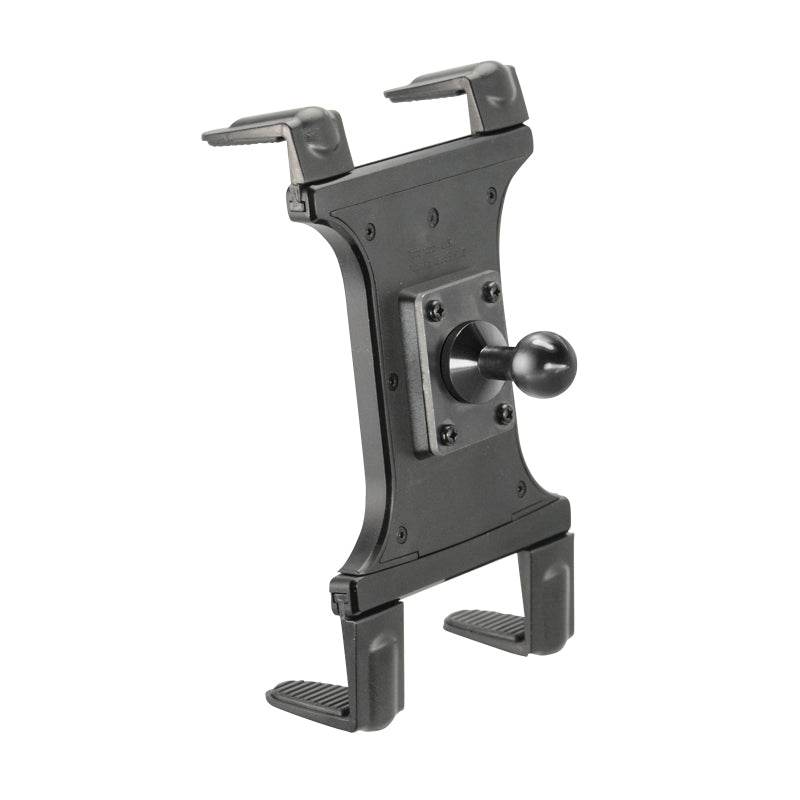 The Slim-Grip® Universal Tablet Holder with 20mm Metal Ball features spring-loaded top and bottom grips and a central 20mm ball mount for versatile angling or secure mounting on stands or dashboards.