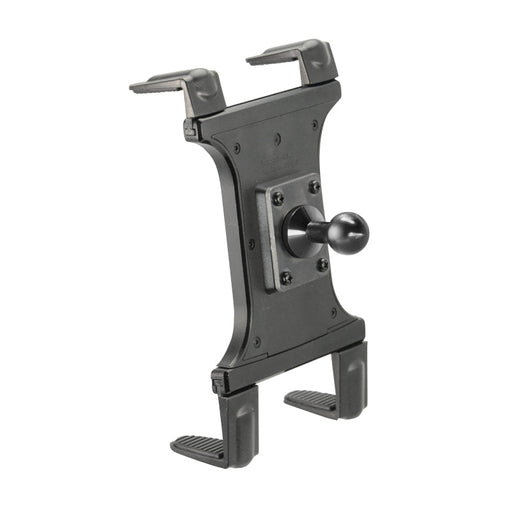 The Slim-Grip® Universal Tablet Holder with 20mm Metal Ball features spring-loaded top and bottom grips and a central 20mm ball mount for versatile angling or secure mounting on stands or dashboards.