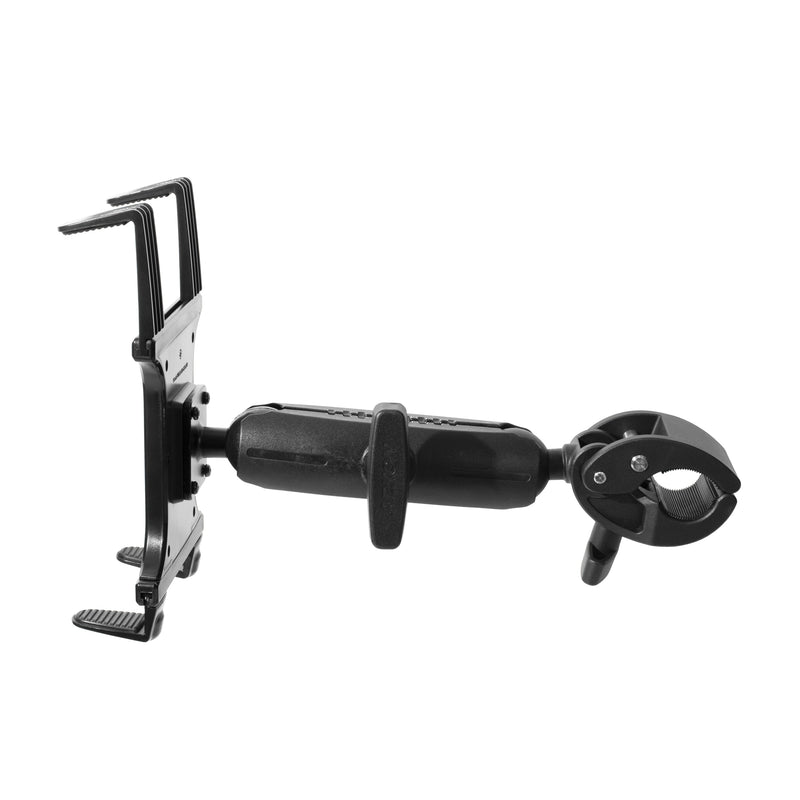 The Slim-Grip® Universal Tablet Holder features a black adjustable clamp mount with padded grips and an extension arm, designed to securely attach tablets to surfaces like poles or handlebars.