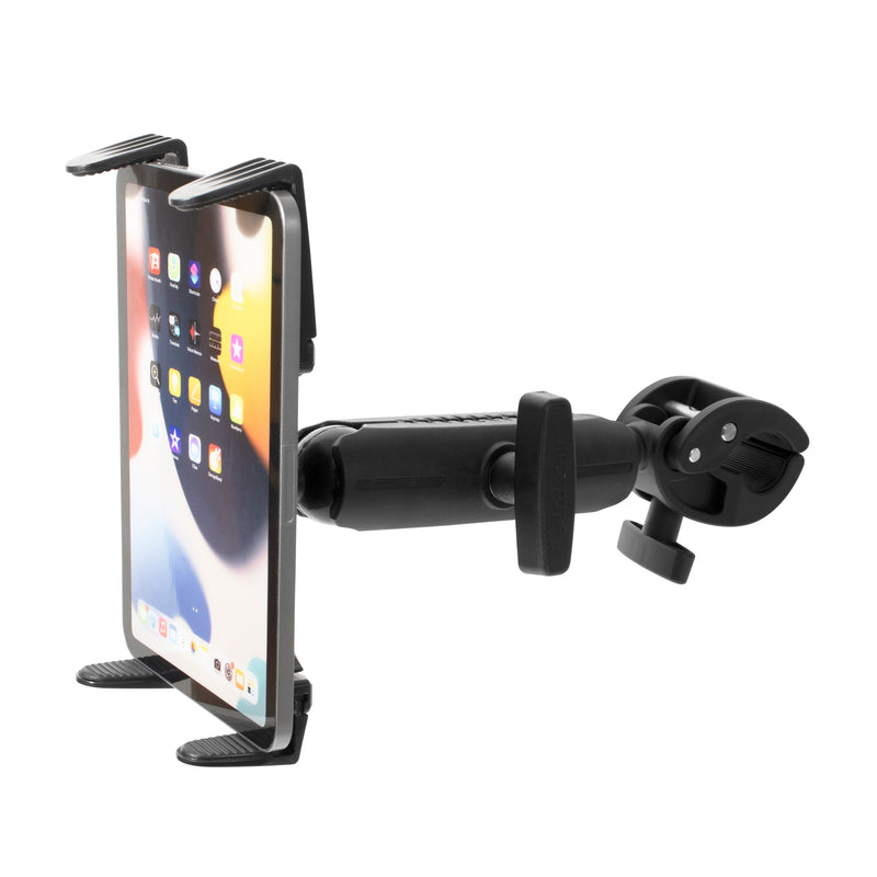 The Slim-Grip® Universal Tablet Holder with Clamp Mount and Extension Arm securely holds a tablet showing colorful app icons, isolated on a white background.