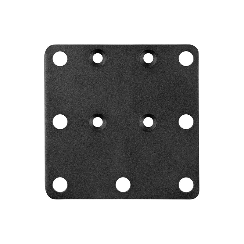The Square AMPS Mounting Plate is a black, square metal plate with nine evenly spaced holes in a grid (AMPS) pattern and VESA 75 compatibility, displayed against a white background.