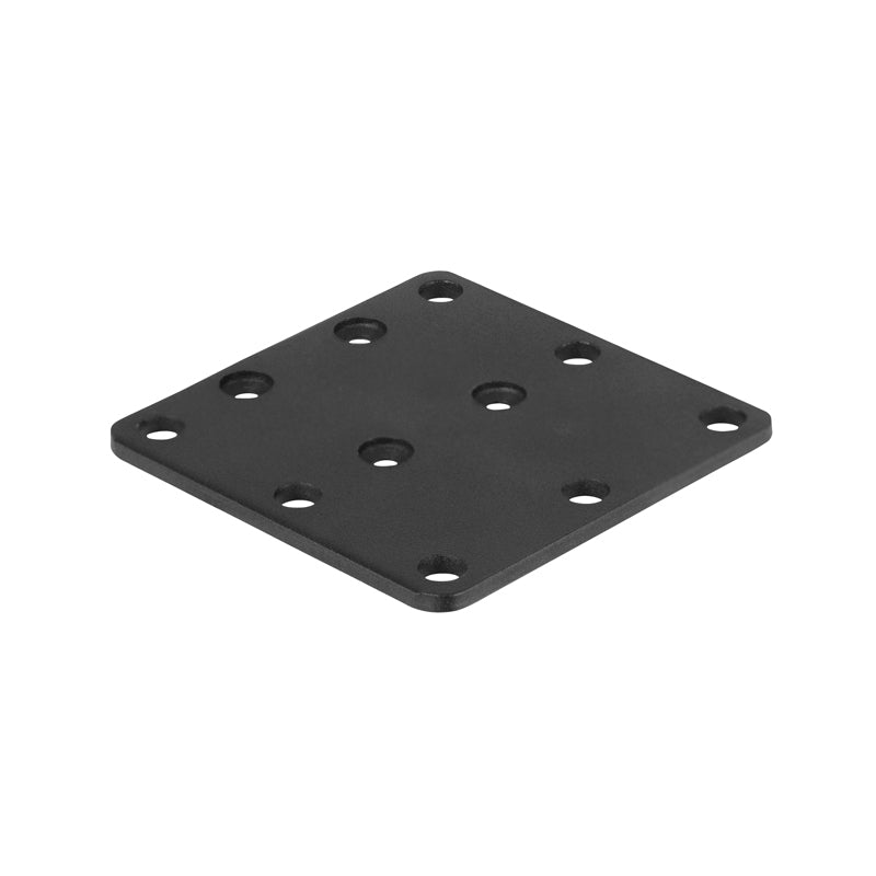 The Square AMPS Mounting Plate is a black, square plate with rounded corners and multiple holes in a symmetrical AMPS pattern, shown angled on a white background.