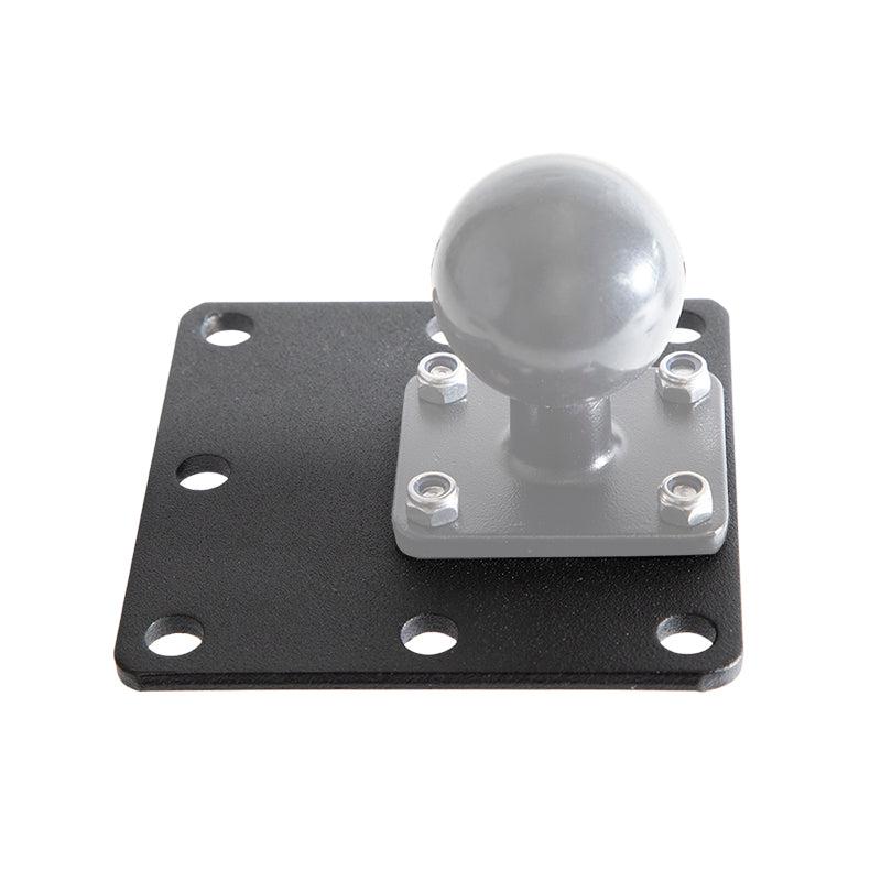 The Square AMPS Mounting Plate is a black metal plate with a round silver ball knob, featuring a VESA 75 pattern and six holes for secure screw mounting—perfect as an AMPS ball adapter.