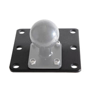The Square AMPS Mounting Plate is a black metal plate with a central AMPS ball adapter and six holes, compatible with the VESA 75 pattern for versatile mounting. Shown on a white background.