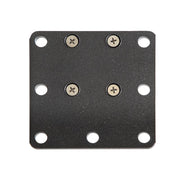 The Square AMPS Mounting Plate is a black, square metal plate with rounded corners, eight holes (four at the corners), and four screws installed in a VESA 75 pattern near the center.
