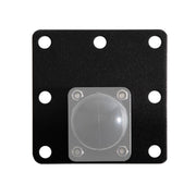 The Square AMPS Mounting Plate is a black, square metal plate with six round holes, a clear hemispherical dome near the bottom center, secured by four screws, and VESA 75 pattern support for versatile installation options.