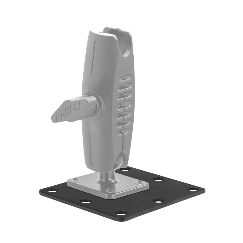 The Square AMPS Mounting Plate is a gray adjustable bracket with a ribbed knob on a flat, square black base featuring multiple screw holes and a VESA 75 pattern for secure attachment.