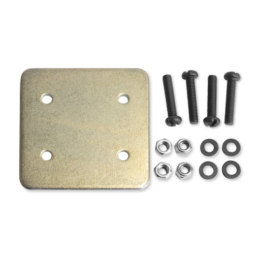 The Square Mounting Backer Plate with 4-Hole AMPS Drill-Base Pattern is shown on a white background, along with four black screws, nuts, and washers neatly arranged.