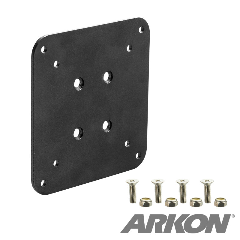 The Square VESA 75 / VESA 100 Adapter Plate is a black rectangular plate with six holes and six screws, featuring the ARKON logo in the bottom right corner. It offers versatile and secure VESA mounting options.