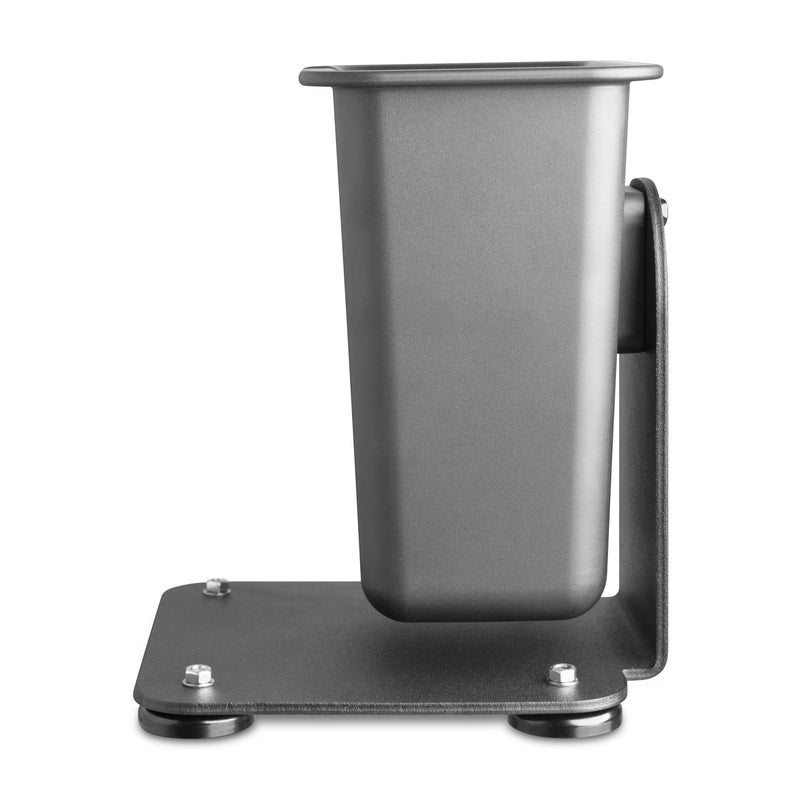 The SteadyMag™ Magnetic Mount System with Large Barcode Scanner Holder features a gray, minimalist metal container on a sturdy base with four round feet—perfect for organizing scanning equipment efficiently in warehouses.