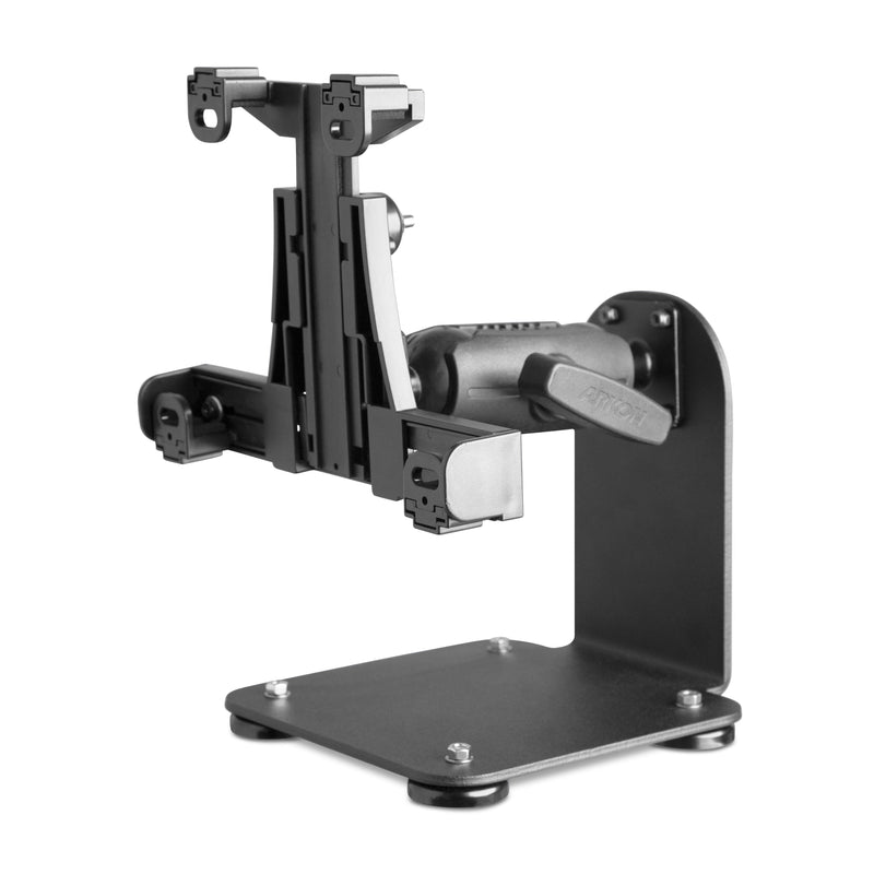 The SteadyMag™ Magnetic Mount System with LockVise™ Locking Tablet Holder is a black adjustable metal stand with a flat base and mounting brackets, designed to securely hold tablets or monitors.