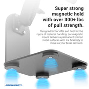 The SteadyMag™ Magnetic Mount System with LockVise™ Locking Tablet Holder attaches to black metal surfaces, emits blue light effects to show its 300+ lb magnetic hold strength, and is perfect as a forklift tablet holder for material handling.